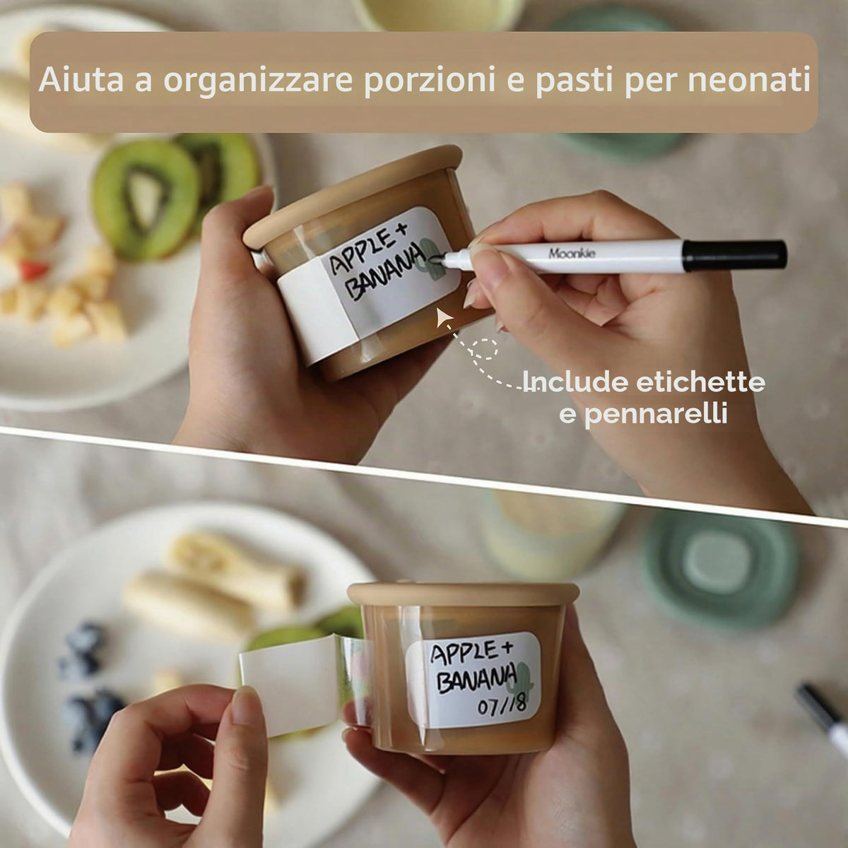 Moonkie Contenitori Pappa Neonati 120ml, 6 Pezzi Vasetti Pappa Neonati Silicone, Contenitori Brodo Svezzamento 100% Ermetici, Senza BPA, Contenitore Cibo Piccolo,per Lavastoviglie Freezer e Microonde