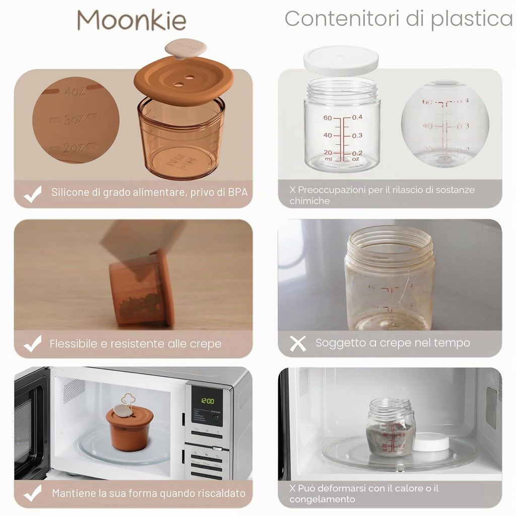 Moonkie Contenitori Pappa Neonati 120ml, 6 Pezzi Vasetti Pappa Neonati Silicone, Contenitori Brodo Svezzamento 100% Ermetici, Senza BPA, Contenitore Cibo Piccolo,per Lavastoviglie Freezer e Microonde