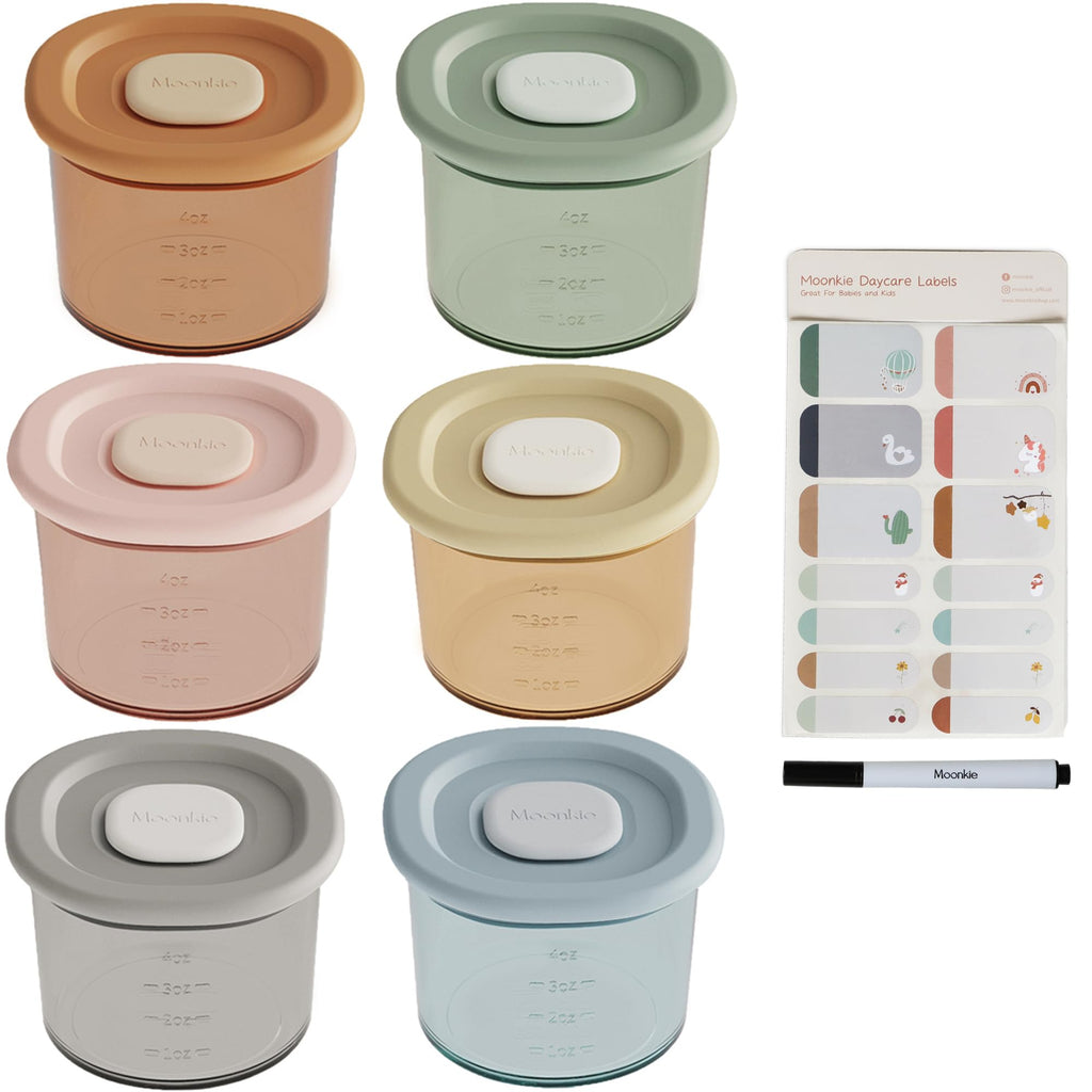 Moonkie Contenitori Pappa Neonati 120ml, 6 Pezzi Vasetti Pappa Neonati Silicone, Contenitori Brodo Svezzamento 100% Ermetici, Senza BPA, Contenitore Cibo Piccolo,per Lavastoviglie Freezer e Microonde