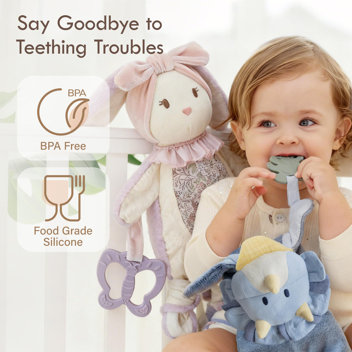 Moonkie Doudou Neonato, Peluche per bambini Dinosauro, Copertina con Giochi Dentizione, Regalo Neonato Maschio per Baby Shower e Compleanni, Peluche con Nastri Testurizzati, Orecchie Fruscianti