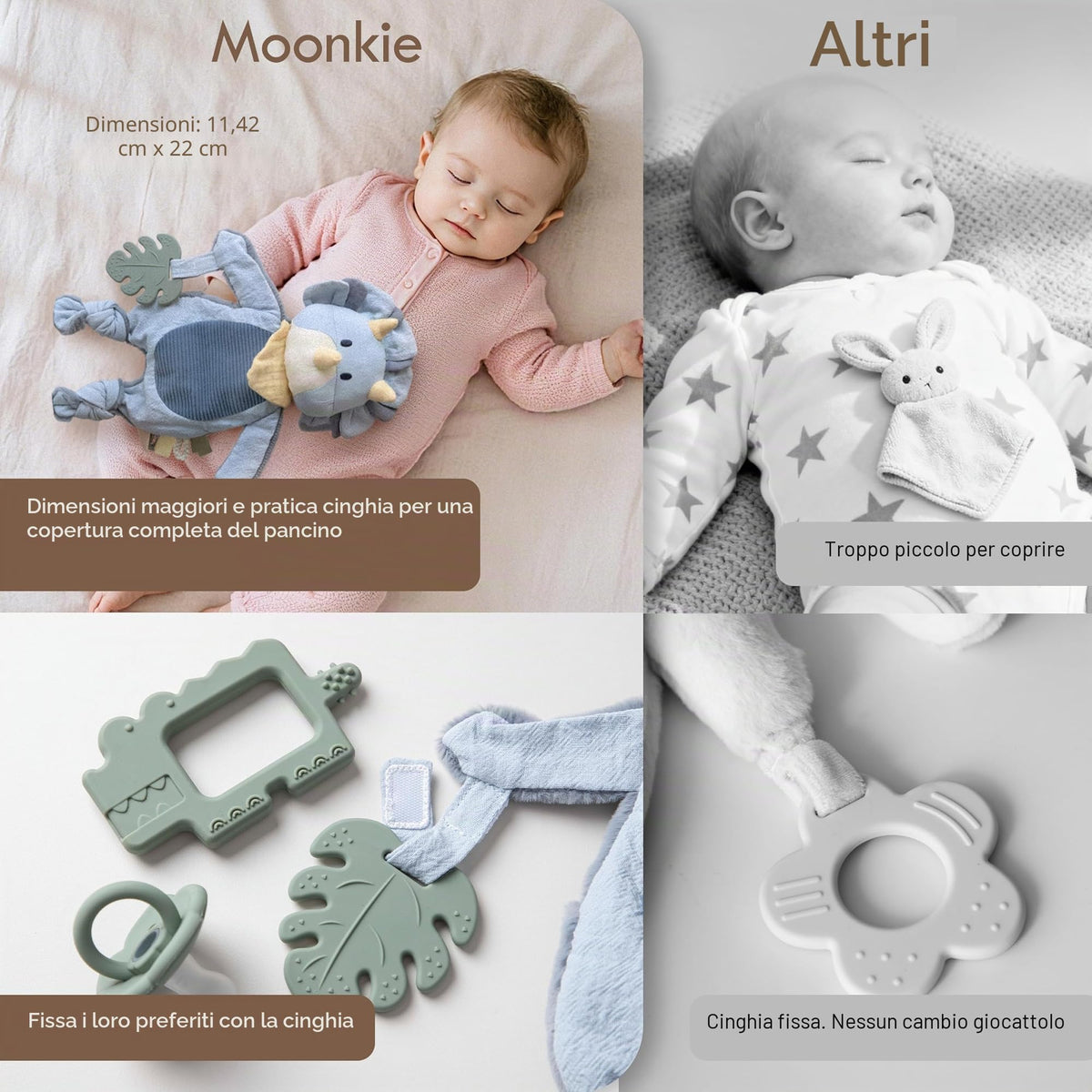 Moonkie Doudou Neonato, Peluche per bambini Dinosauro, Copertina con Giochi Dentizione, Regalo Neonato Maschio per Baby Shower e Compleanni, Peluche con Nastri Testurizzati, Orecchie Fruscianti