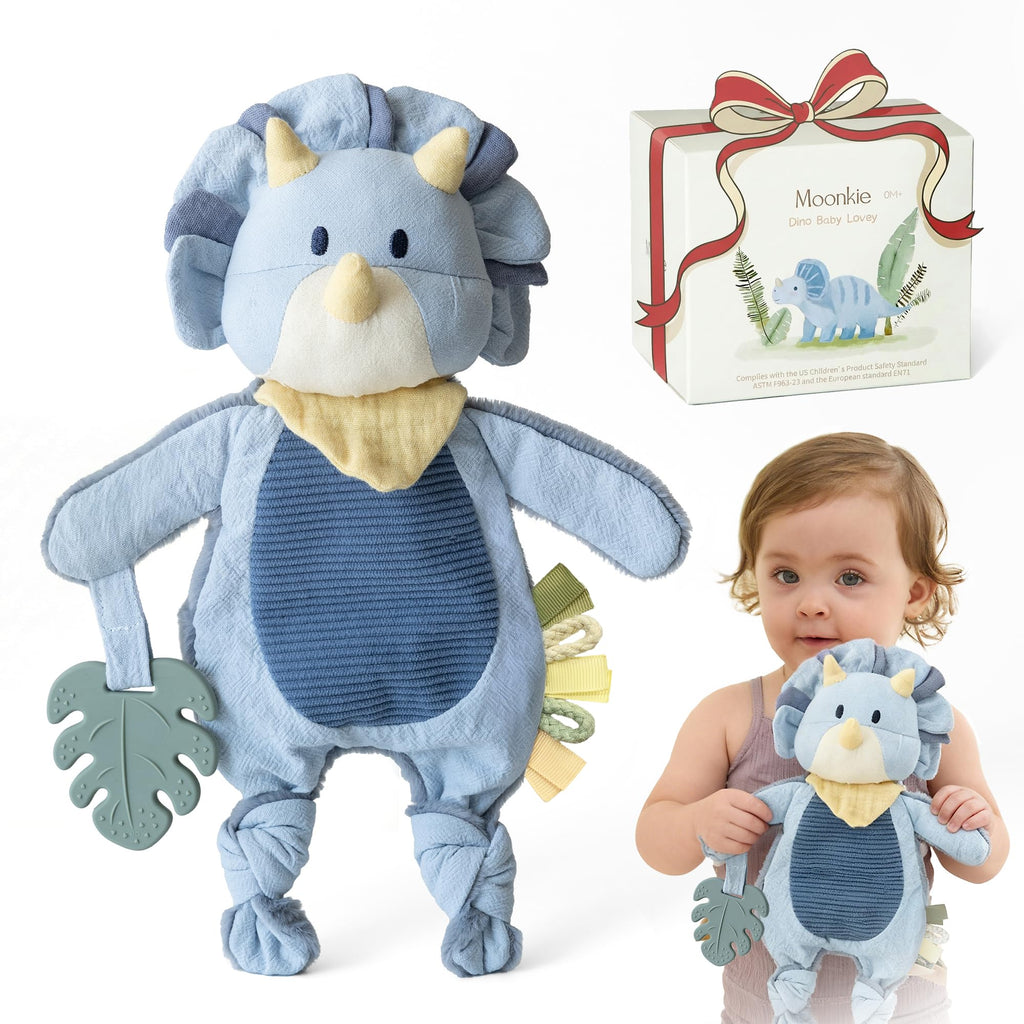 Moonkie Doudou Neonato, Peluche per bambini Dinosauro, Copertina con Giochi Dentizione, Regalo Neonato Maschio per Baby Shower e Compleanni, Peluche con Nastri Testurizzati, Orecchie Fruscianti