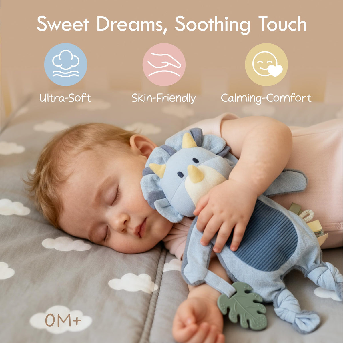 Moonkie Doudou Neonato, Peluche per bambini Dinosauro, Copertina con Giochi Dentizione, Regalo Neonato Maschio per Baby Shower e Compleanni, Peluche con Nastri Testurizzati, Orecchie Fruscianti