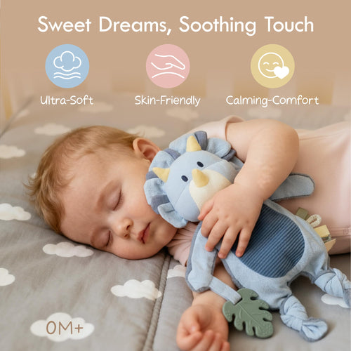 Moonkie Doudou Neonato, Peluche per bambini Dinosauro, Copertina con Giochi Dentizione, Regalo Neonato Maschio per Baby Shower e Compleanni, Peluche con Nastri Testurizzati, Orecchie Fruscianti