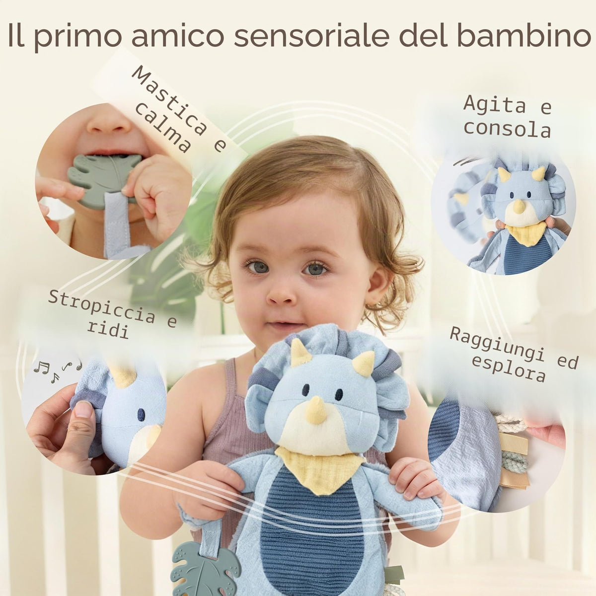 Moonkie Doudou Neonato, Peluche per bambini Dinosauro, Copertina con Giochi Dentizione, Regalo Neonato Maschio per Baby Shower e Compleanni, Peluche con Nastri Testurizzati, Orecchie Fruscianti