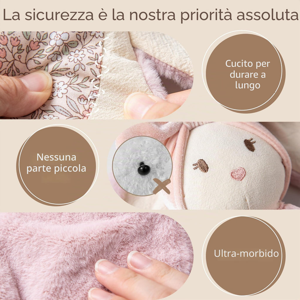 Moonkie Doudou Neonato, Peluche per bambini Coniglio, Copertina con Giochi Dentizione, Regalo Neonata Femmina per Baby Shower e Compleanni, Peluche con Nastri Testurizzati, Orecchie Fruscianti