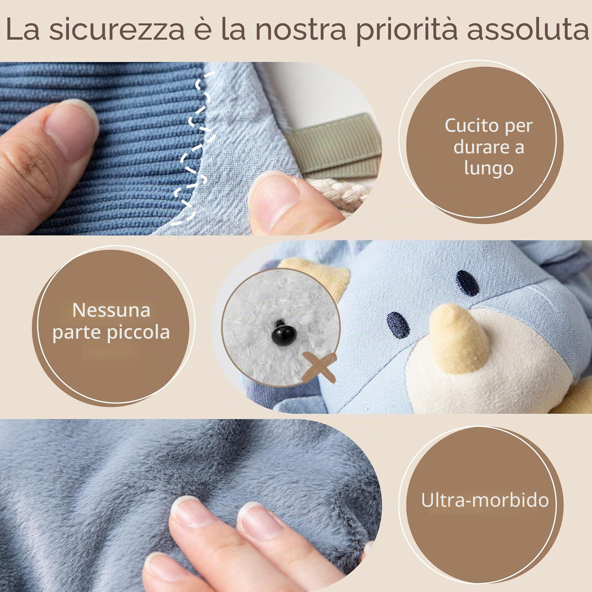 Moonkie Doudou Neonato, Peluche per bambini Dinosauro, Copertina con Giochi Dentizione, Regalo Neonato Maschio per Baby Shower e Compleanni, Peluche con Nastri Testurizzati, Orecchie Fruscianti