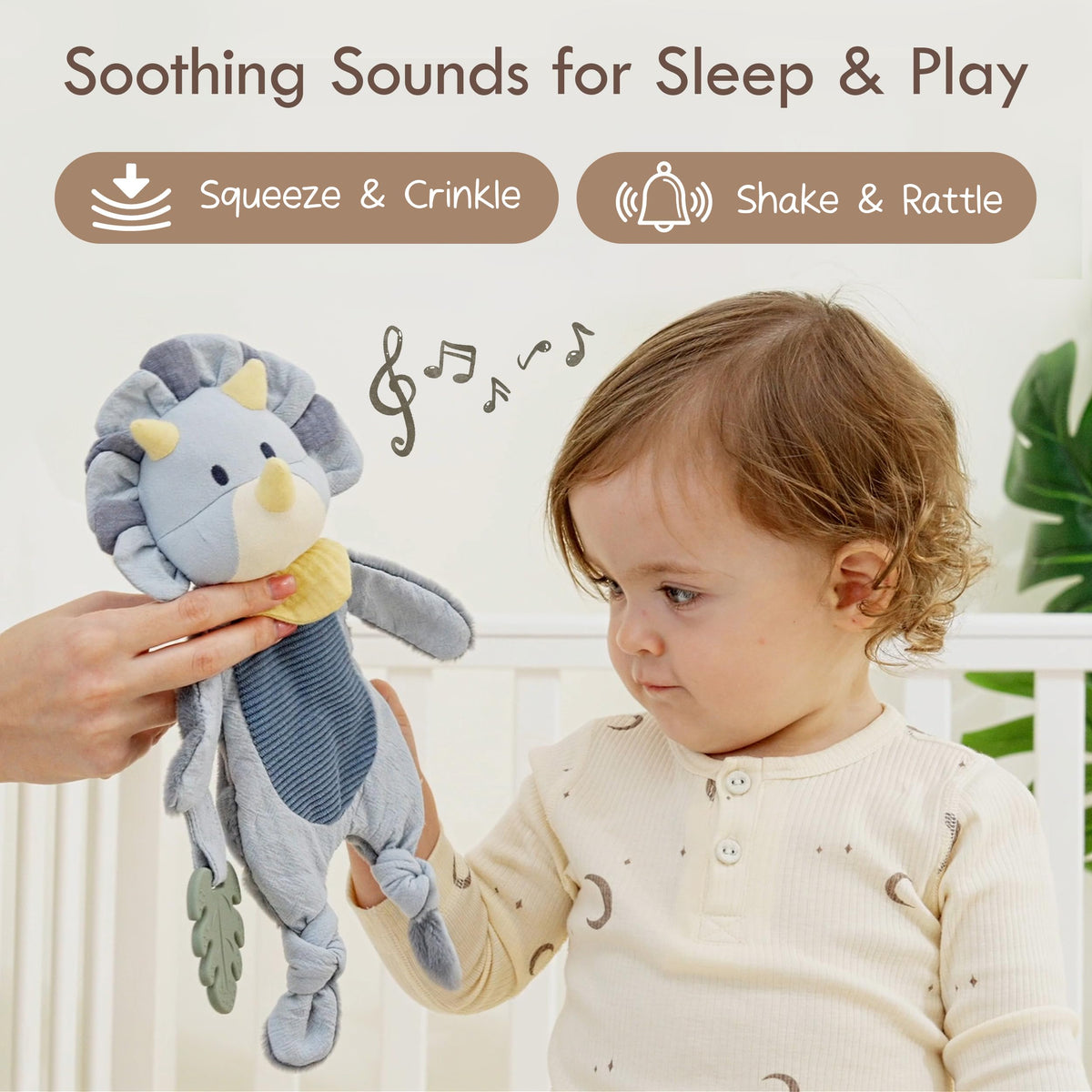 Moonkie Doudou Neonato, Peluche per bambini Dinosauro, Copertina con Giochi Dentizione, Regalo Neonato Maschio per Baby Shower e Compleanni, Peluche con Nastri Testurizzati, Orecchie Fruscianti