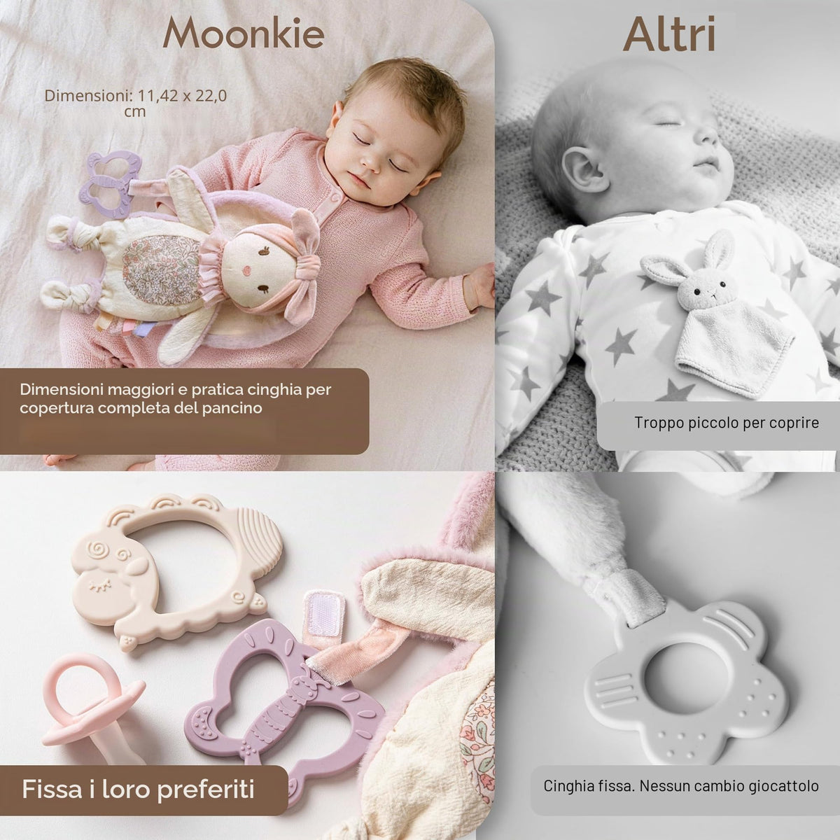 Moonkie Doudou Neonato, Peluche per bambini Coniglio, Copertina con Giochi Dentizione, Regalo Neonata Femmina per Baby Shower e Compleanni, Peluche con Nastri Testurizzati, Orecchie Fruscianti